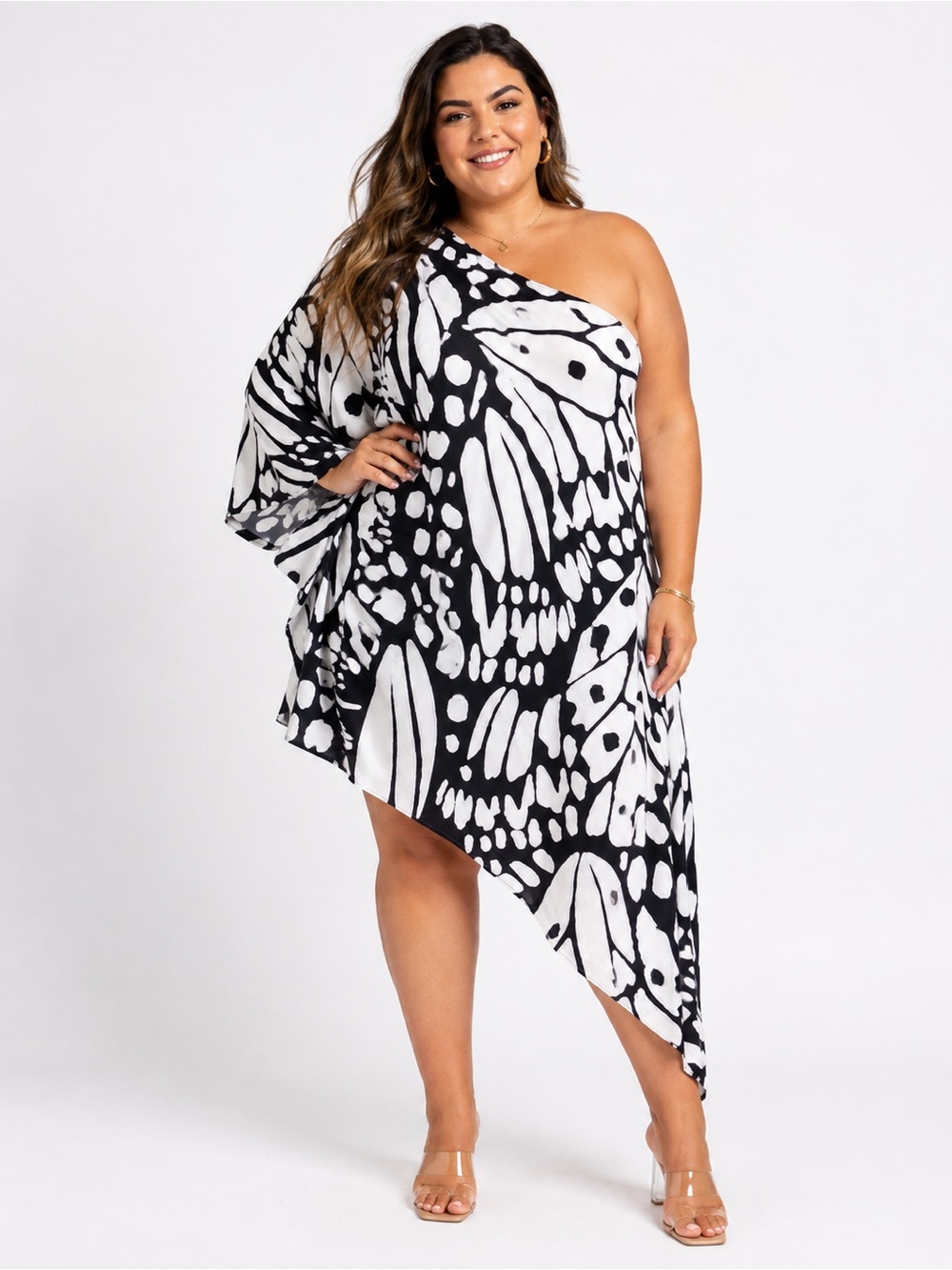 Black and White One-Shoulder Midi Dress